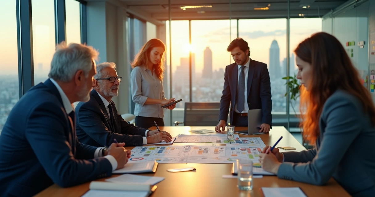 Executivos de diferentes idades planejando sucessão ao redor de mesa de reunião moderna