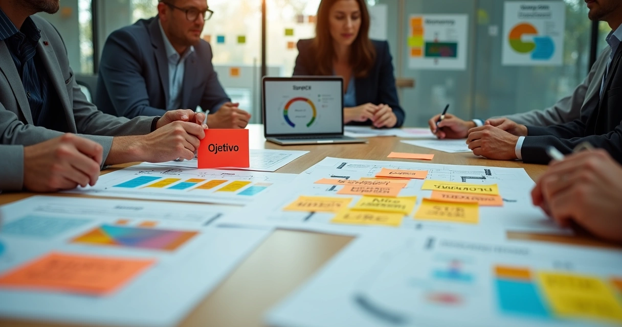 Gestores em mesa redonda montando painel de planejamento estratégico com cartões coloridos