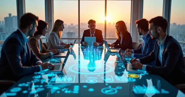 Equipe comercial reunida em torno de mesa com gráficos holográficos de vendas