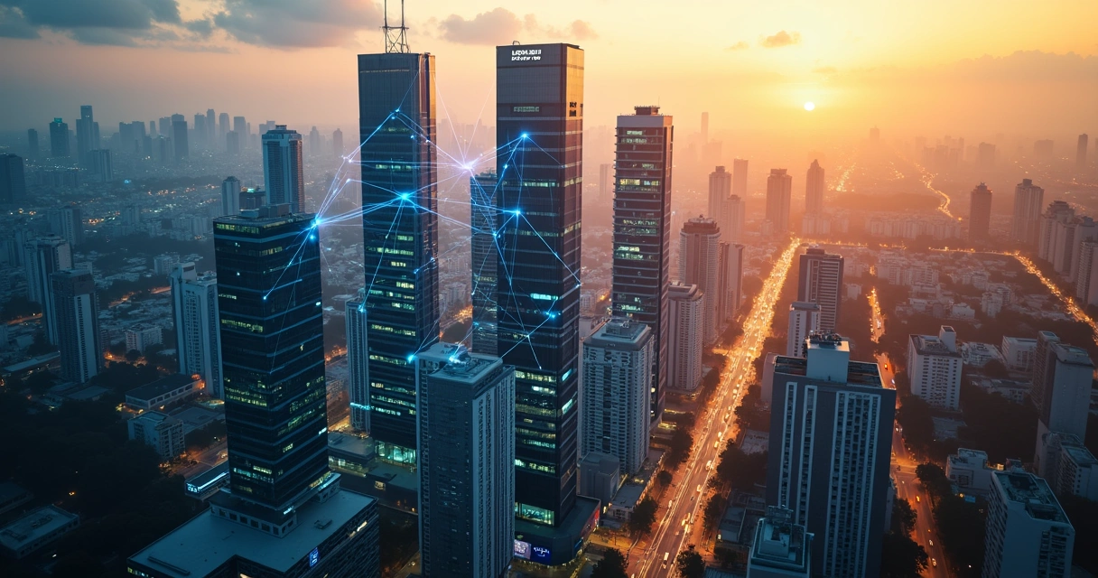 Vista aérea de prédios corporativos no Brasil com linhas de conexão representando planejamento estratégico