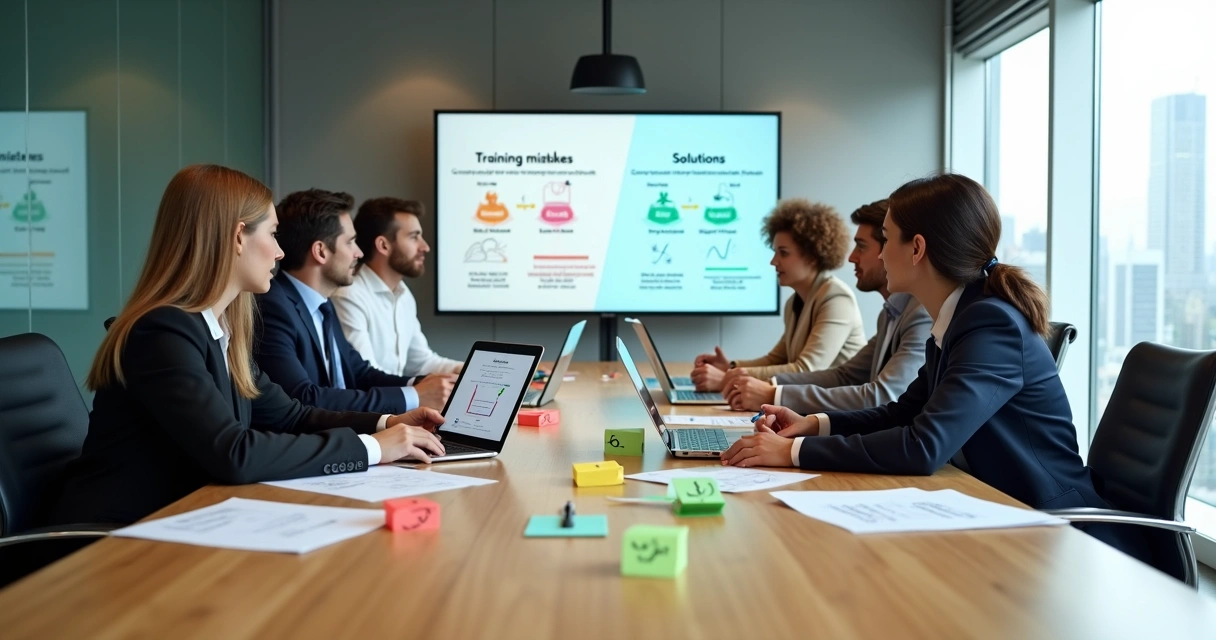 Gestores analisando erros em treinamento corporativo em sala de reunião moderna