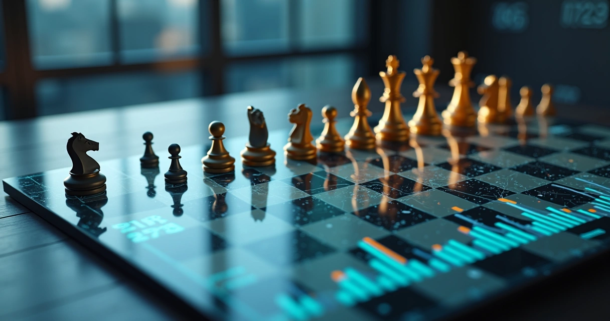 Peças de xadrez formando caminho de crescimento sobre tabuleiro empresarial